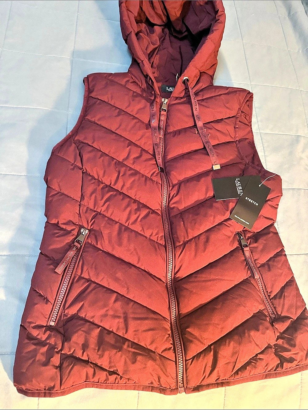 Lauren Ralph Lauren Hooded Quilted Puffer Vest Burgundy Size M
